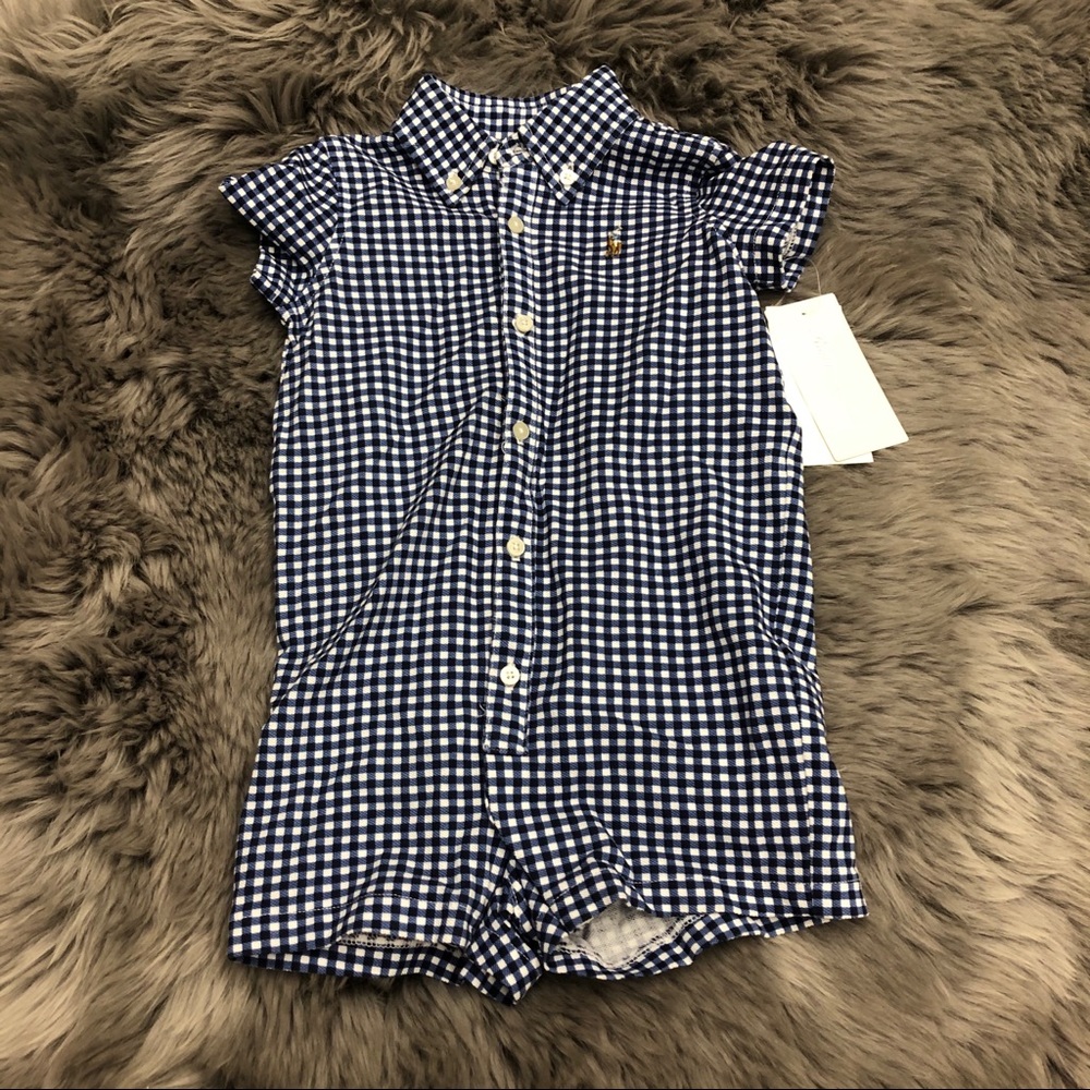 Ralph Lauren | Boy's One Piece Button Up Romper |  Blue & White | Size 9M